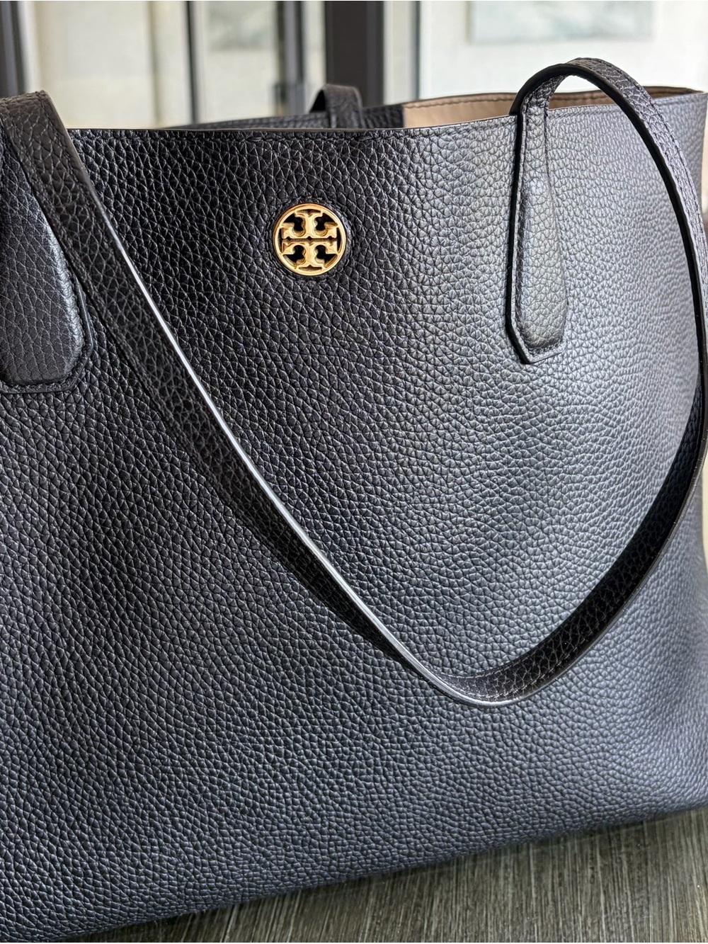 Tory Burch Designer Black Pebbled Leather Tote with Gold Logo